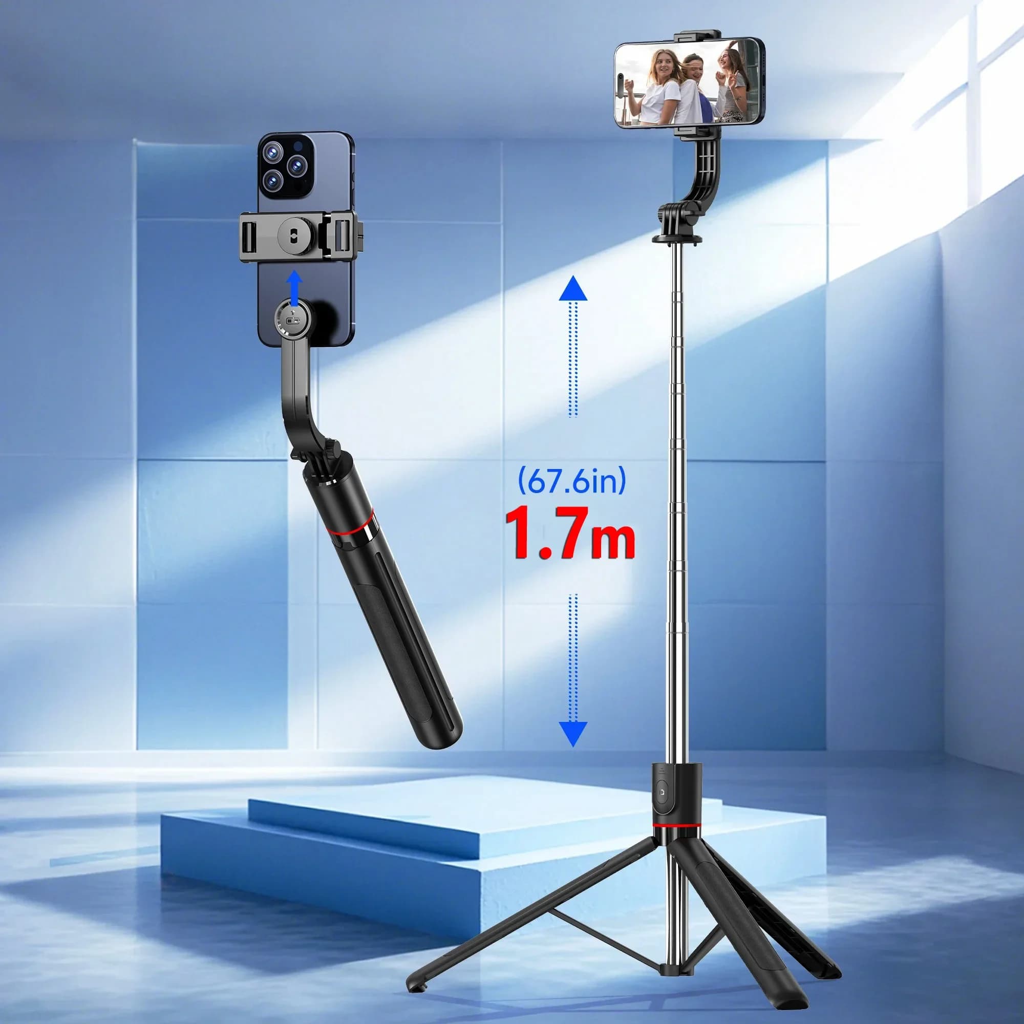 Selfie Stick Supporto per telefono portatile ultra lungo elasticizzato da 1,7 metri Telecomando Bluetooth con supporto per treppiede con luce di riempimento per trasmissione in diretta