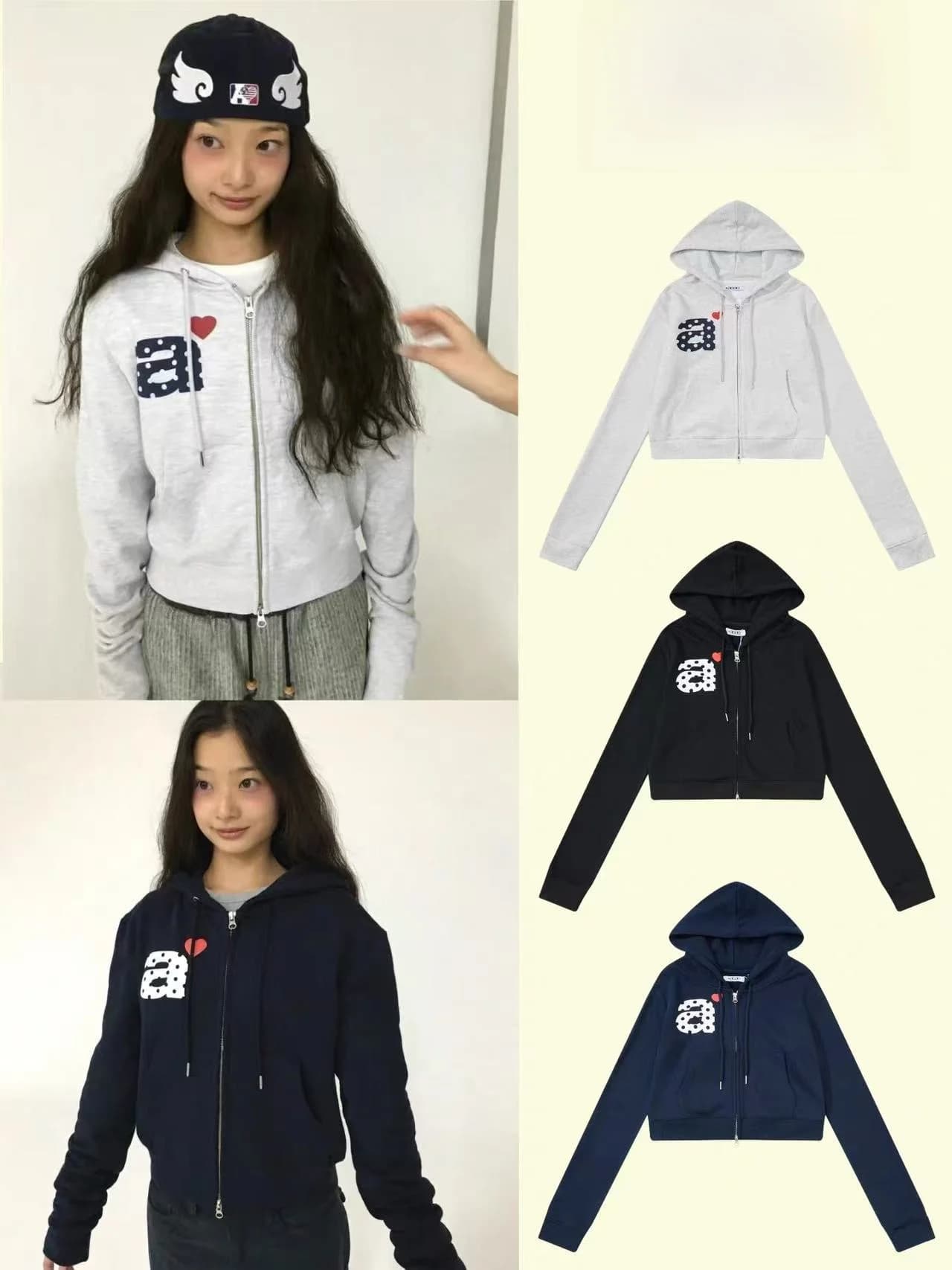 Korean Style College Wind Letter Heart Print Zipper Short Hoodie Jacket Korean Version Casual Cotton Sweatshirt Outerwear