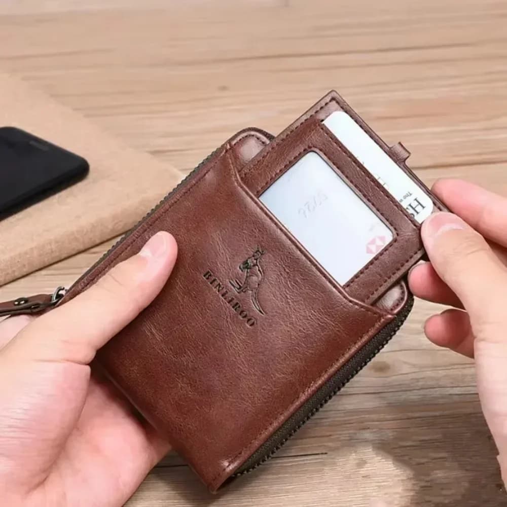 Portafoglio RFID in pelle da uomo, porta biglietti da visita con cerniera e tasca portamonete, portamonete multifunzione premium