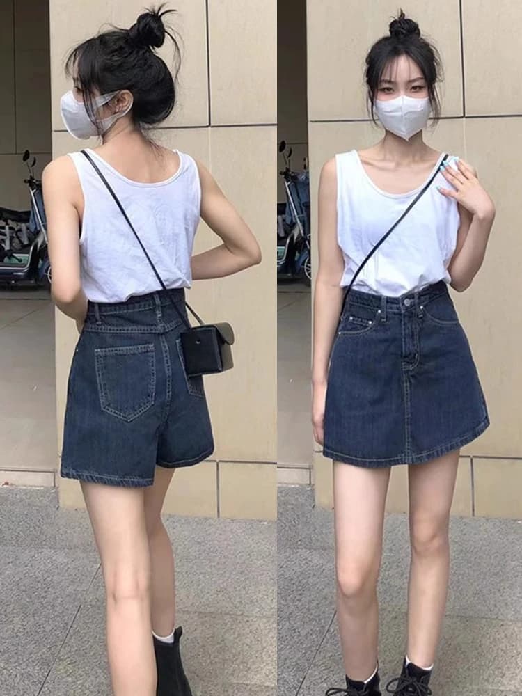 Gonna a vita alta a trapezio in denim da donna, nuovo stile estivo, che nasconde i fianchi, pantaloncini a gonna a mezza lunghezza, taglie forti