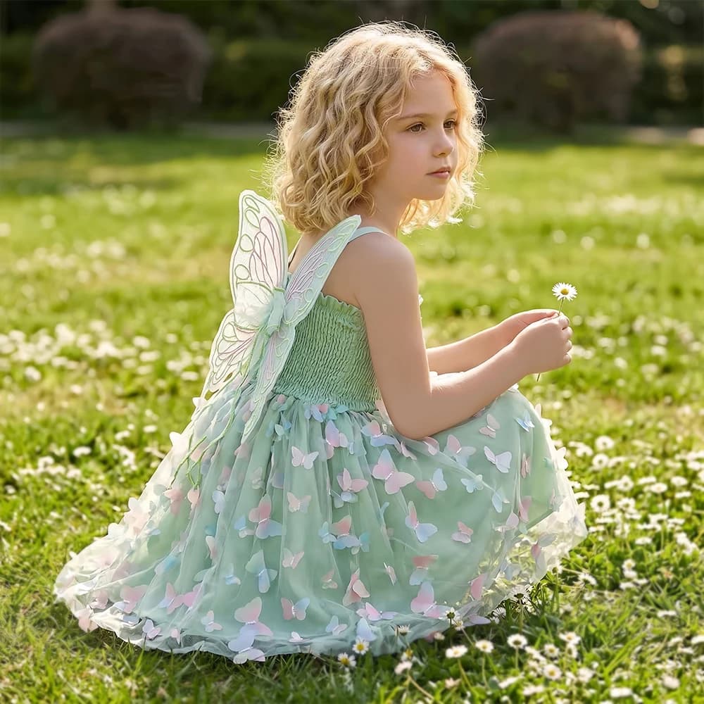 Vestito Estivo Verde con Farfalle per Bambine, Abito in Tulle Colorato con Ali, Vestito da Principessa per Compleanno 2-6 Anni