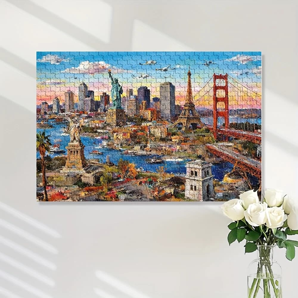 Puzzle Skyline di San Francisco Parigi NYC da 1000 pezzi - Puzzle iconico con mappa grande del Golden Gate Bridge, statue della libertà e della Torre Eiffel