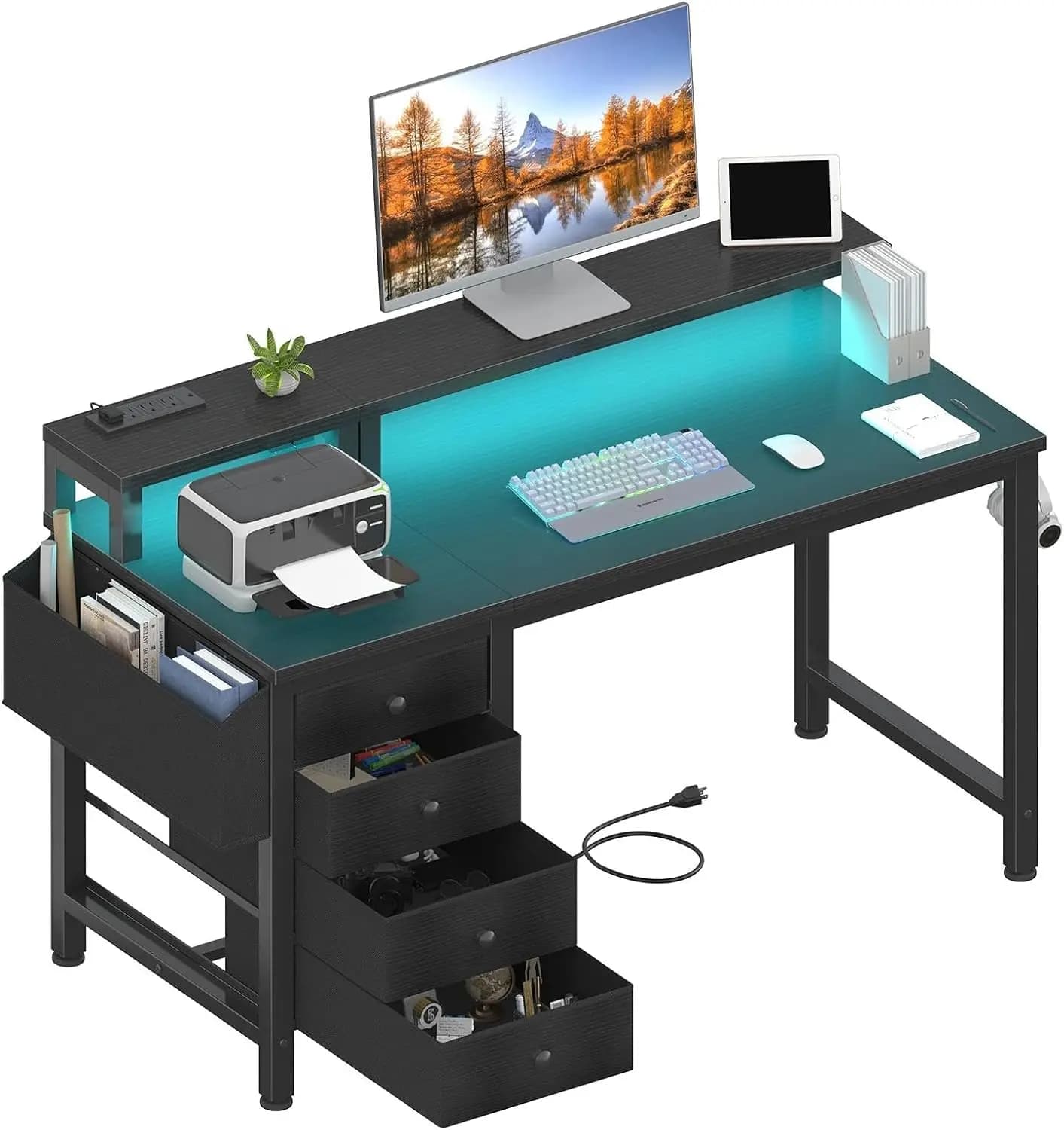 Scrivania da Gaming da 47 Pollici con Luci LED, Prese di Corrente, Cassetti in Tessuto e Supporto Monitor per Ufficio Domestico