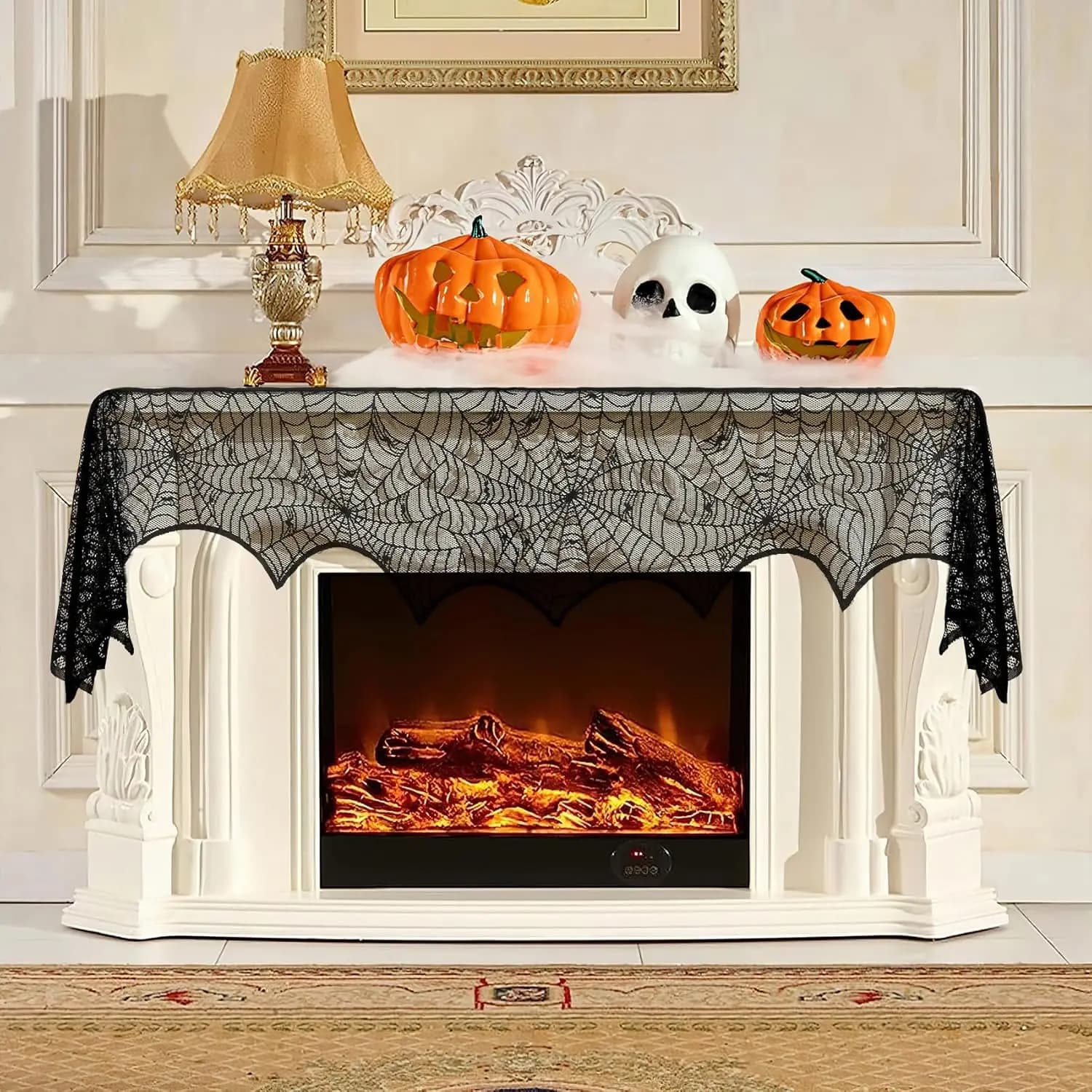 Halloween Lace Spider Web Skeleton Skull Tablecloth Black Fireplaces Mantel Scarf for Event Party Decorations 1 Piece