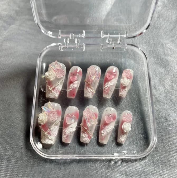 10 PZ Dolce Fresco Rosa Gradiente Francese Fatto A Mano Presse sulle Unghie 3D Rose Aurora Farfalla Medio Bara Unghie Finte Spice Girls Set