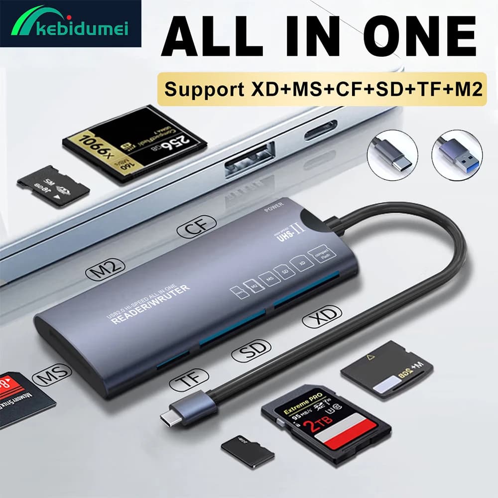 Kebidumei Lettore di Schede Multifunzione USB 2.0/Type-C Tutto in Uno, Adattatore per Schede SD TF XD CF M2 MS per Trasferimento Dati ad Alta Velocità