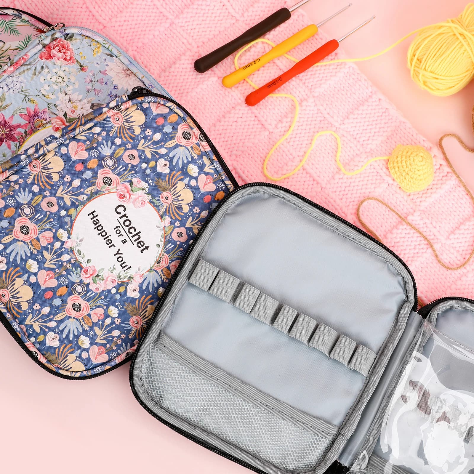 Borsa porta uncinetti vuota con stampa floreale, custodia impermeabile per aghi da uncinetto, organizer per accessori da cucito fai da te