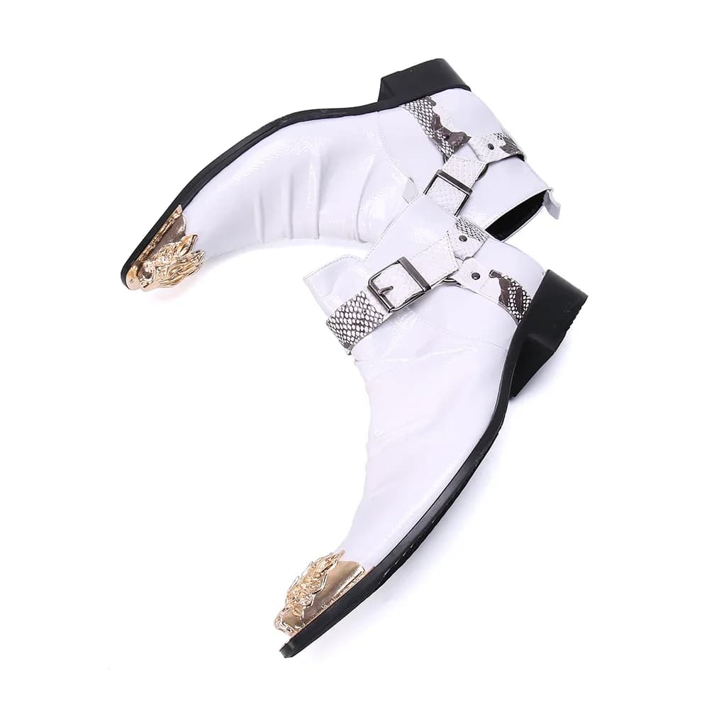 2025 Stivali da uomo Stivali in pelle di lusso da uomo con zip a punta in metallo dorato chaussure homme Stivali da uomo bianchi per matrimoni e feste, 38-46