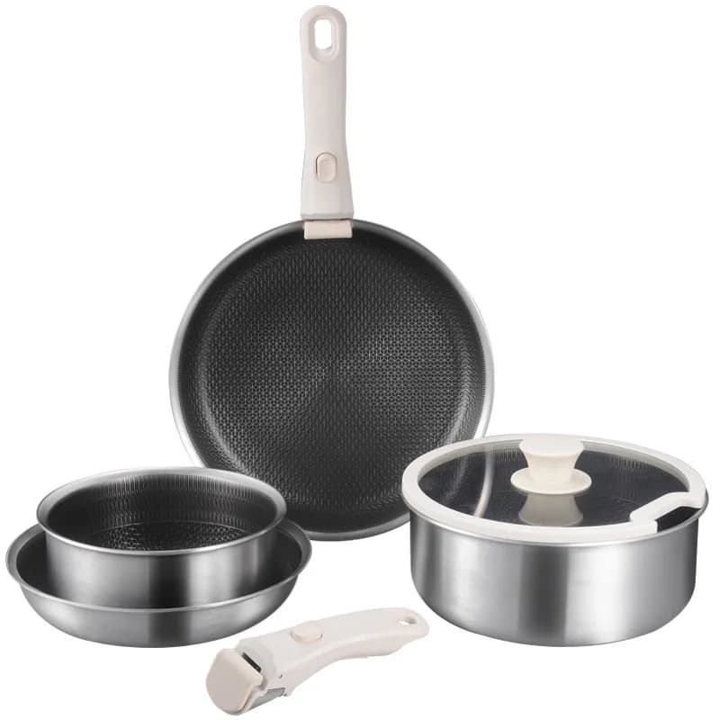 Set di Pentole Portatile Classico in Acciaio Inossidabile per Esterni con Manico Rimovibile, Padella Antiaderente e Pentola per Zuppa per Campeggio