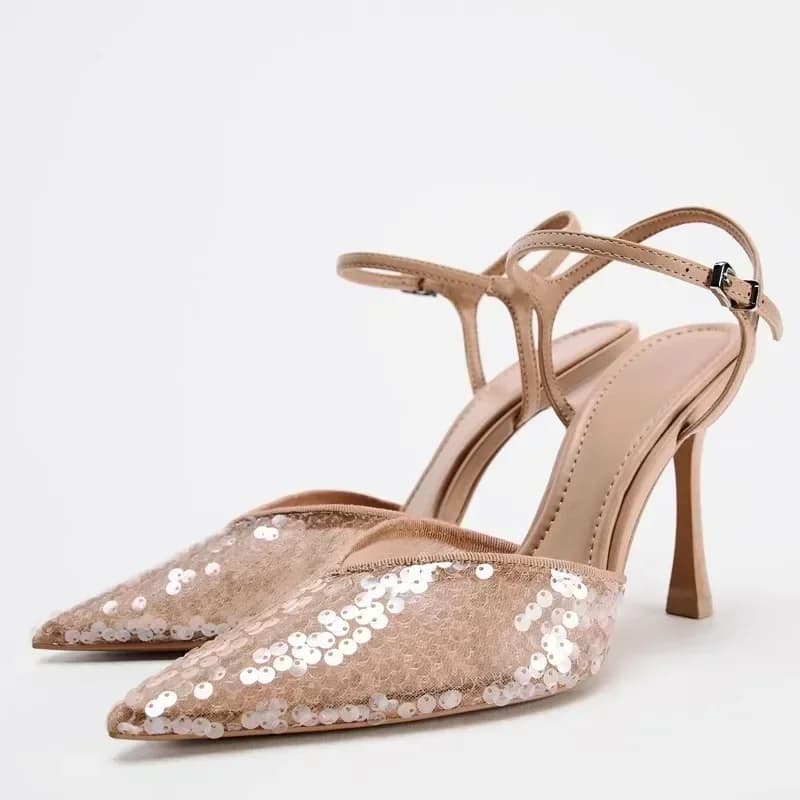 Women's Luxury Design Mesh High Heel Sandals Sexy Décolleté With Pointed Toe Beige Décolleté With Ankle Strap And Open Heel Wedding Party Shoes