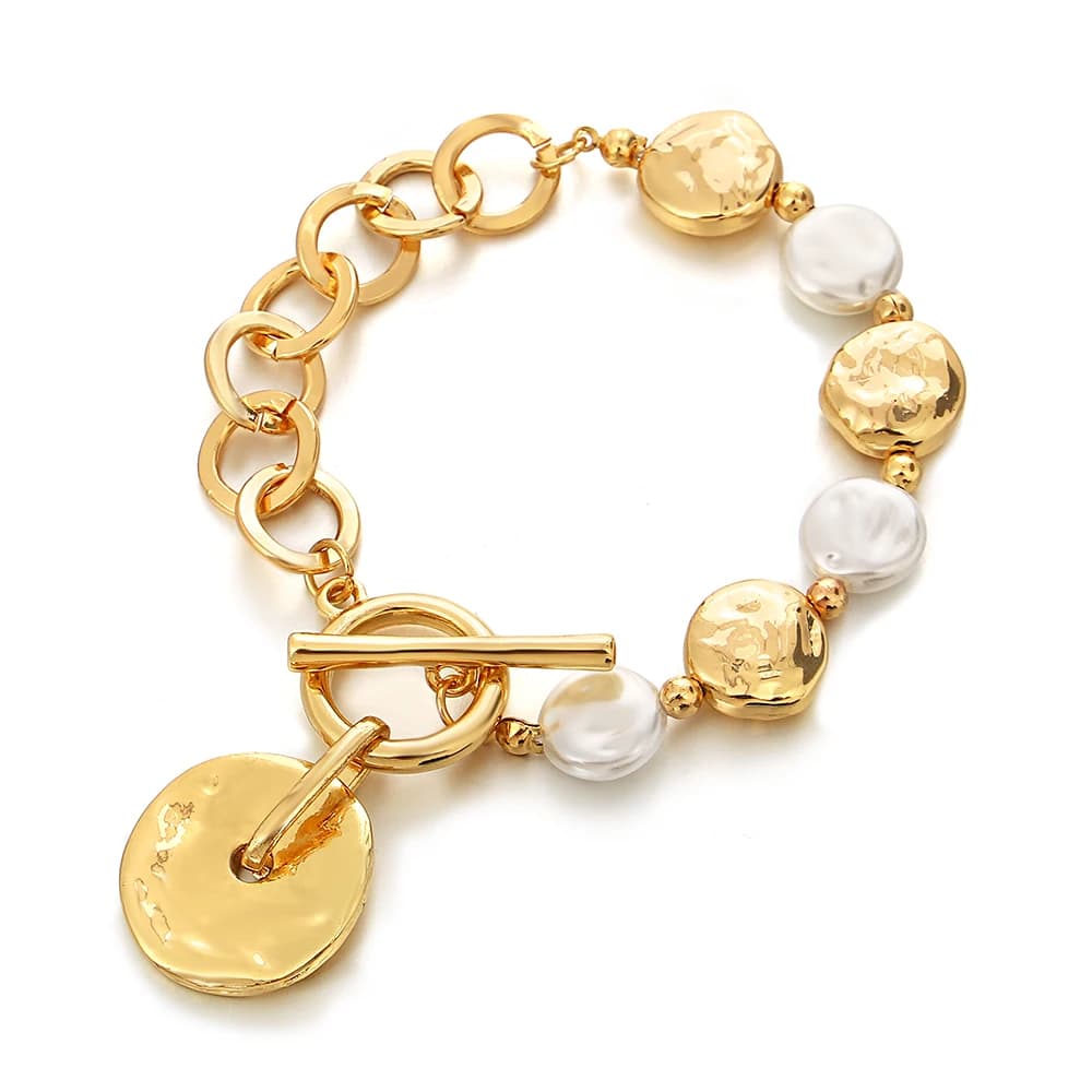 Irregular Gold Color Round Metal Pendant Bracelet for Women Charm Pearls Thick Chain Beads Wrist Bracelets Fashion Jewelry