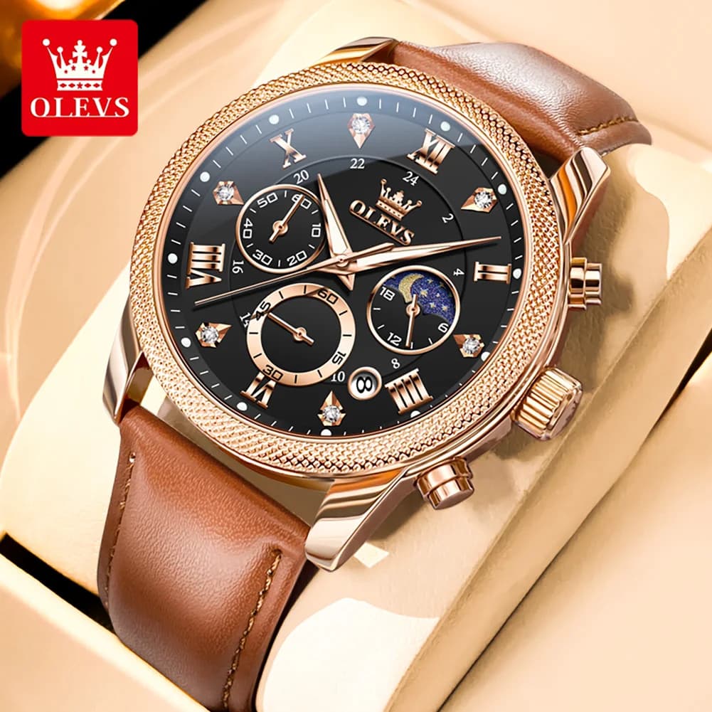 OLEVS 3660 Men's Watch with Moon Phases and Chronograph, Luminous, Leather Strap, Waterproof, Brand Original Quartz Watch
