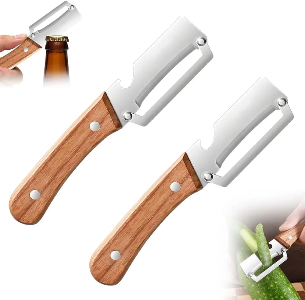 Pelapatate with wooden handle and bottle opener: kitchen tool 2 in 1 stainless steel for fruit, potatoes and pumpkin