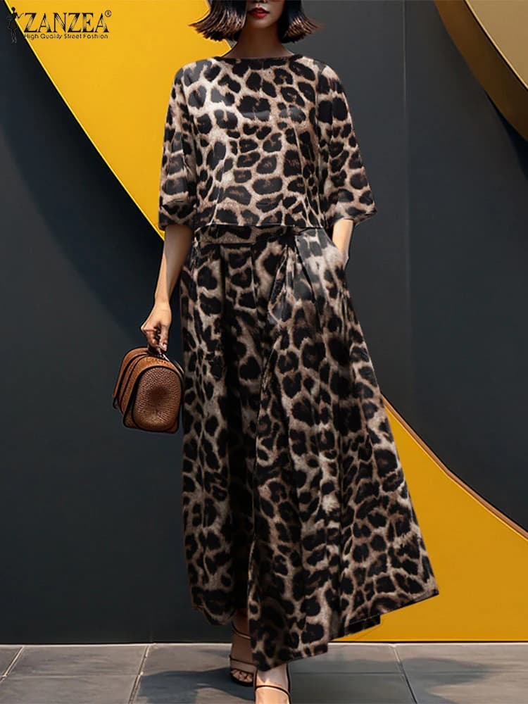 2 pcs set co-ordinated women's vintage suits with printed leopard autumn pants casual ZANZEA or sleeve collar 3/4 blouse trousers set