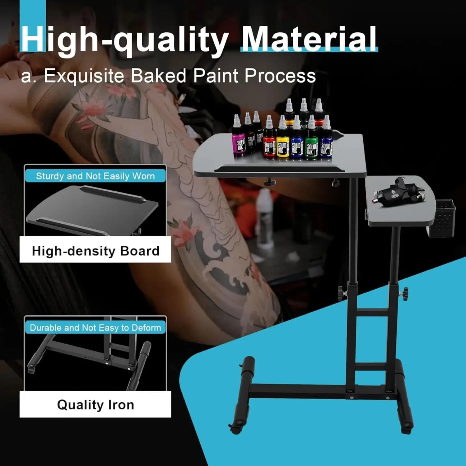 Mobile Height Adjustable Dual Countertop Tattoo Table with Arm Rest & Wheels