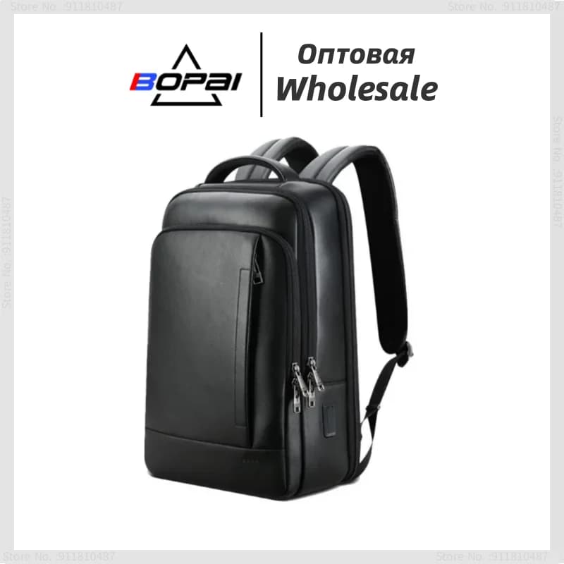 BOPAI 100% Vera Pelle Zaino Del Computer Portatile Degli Uomini di Affari Casual Zaino Impermeabile Maschio Nero Pelle Bovina Zaino Del Computer 15.6 pollici