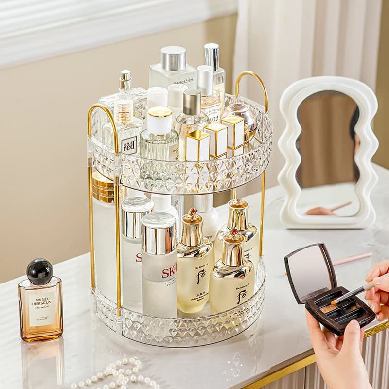 360 Rotating Makeup Organizer Double Layer Cosmetic Storage Box Dustproof Skincare Desktop Shelf for Brushes Perfume Lipstick