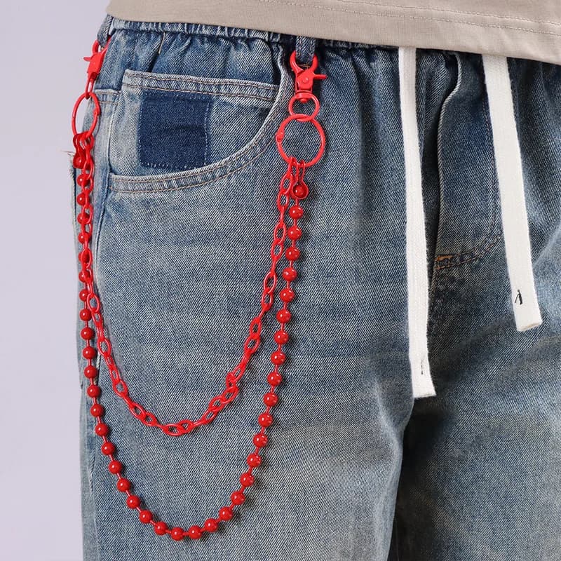 Bright Red Beaded Multi‑Layer Pants Chain Harajuku Punk Waist Chain Hip‑Hop Jeans Decor E‑girl Street Fashion Jewelry