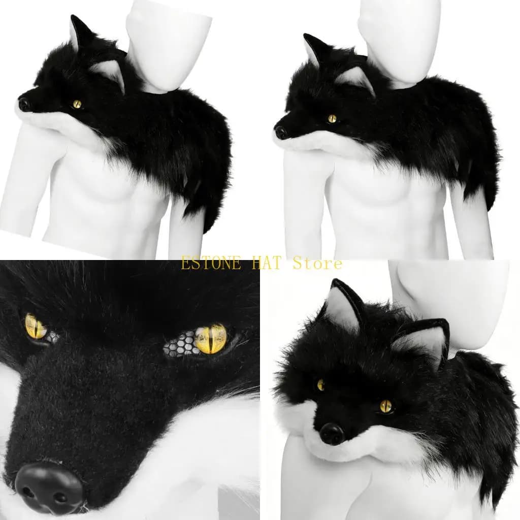 49MF Foxes Costume Accessory Faux Furs Collar Scarf Wrap Foxes Shaped Shrug Collar Shawl for Christmas Halloween Cosplay
