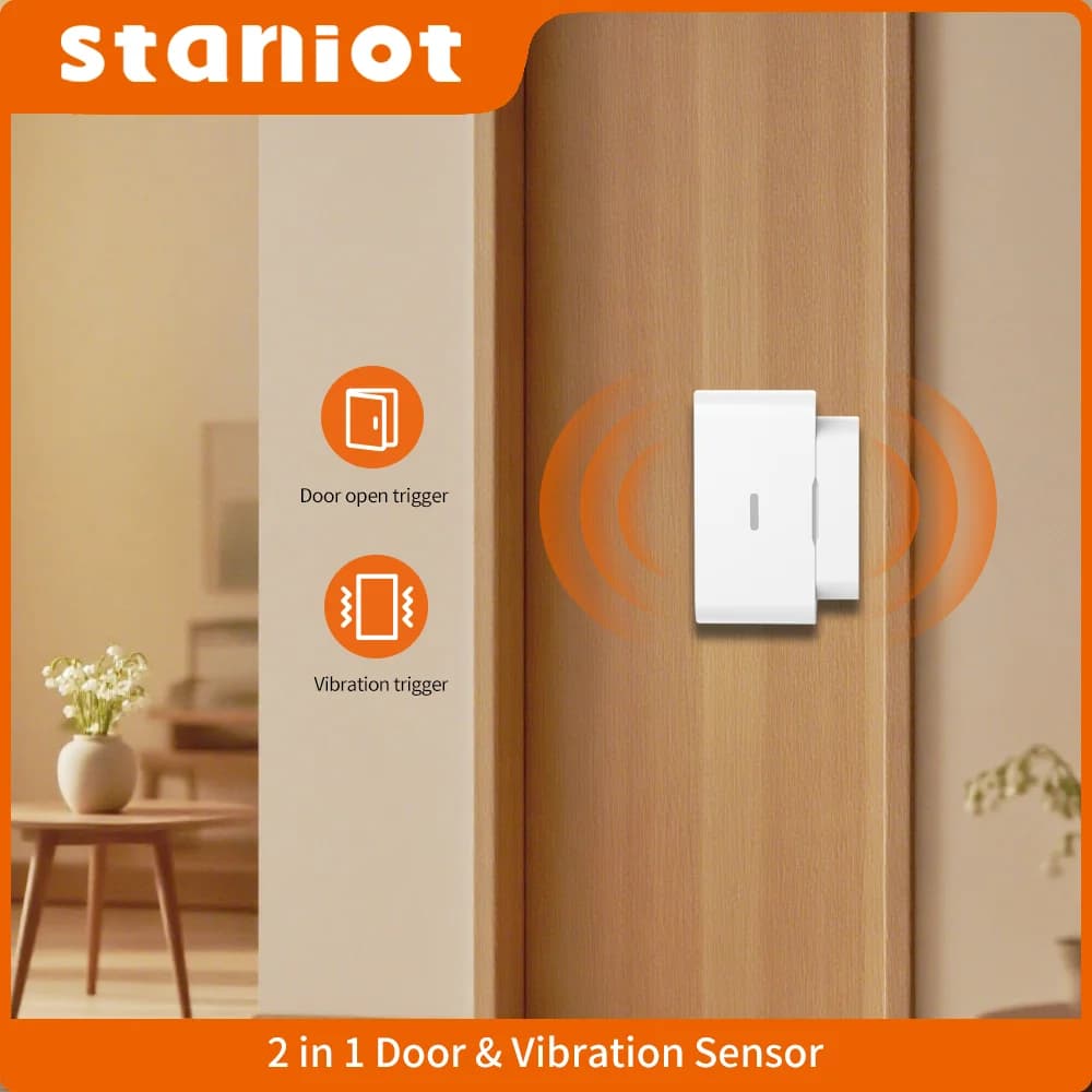 Staniot Sensore per porte e finestre Allarme a vibrazione Rilevatore per porte aperte Pulsante di emergenza 433 Mhz Sistema di allarme di sicurezza Tuya intelligente wireless