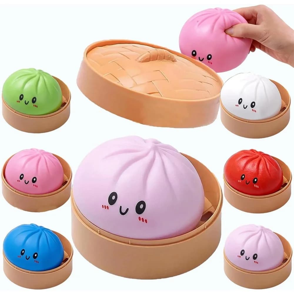 *Large Dumpling Stress Ball with Steamer Colorful Squishy Bun Sensory Toy for Anxiety Relief, Squeeze Dough Ball for Adults&Kids