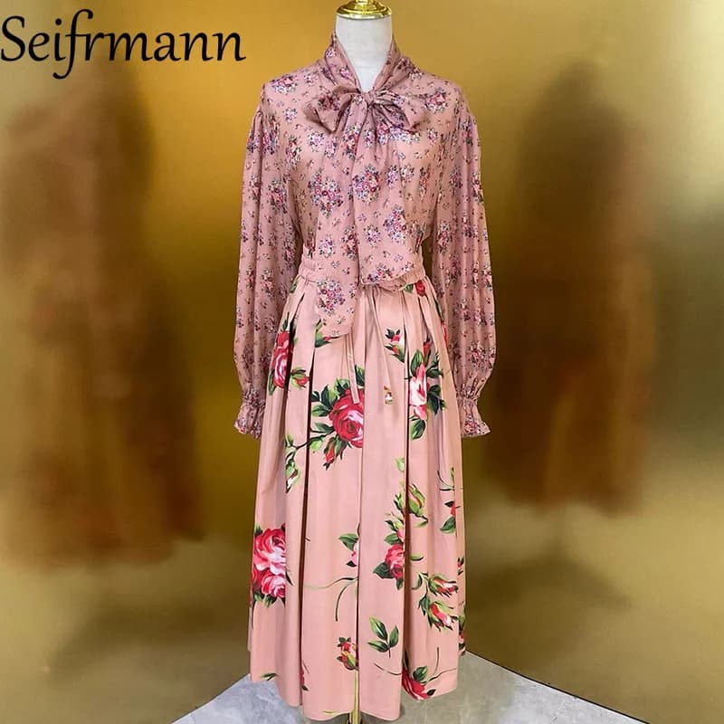 Seifrmann 2026 Nuovo Completo da Donna con Top in Seta con Scollo Allacciato e Fiocco, Maniche a Campana + Gonna Ampia in Cotone Stampato, Set 2 Pezzi alla Moda