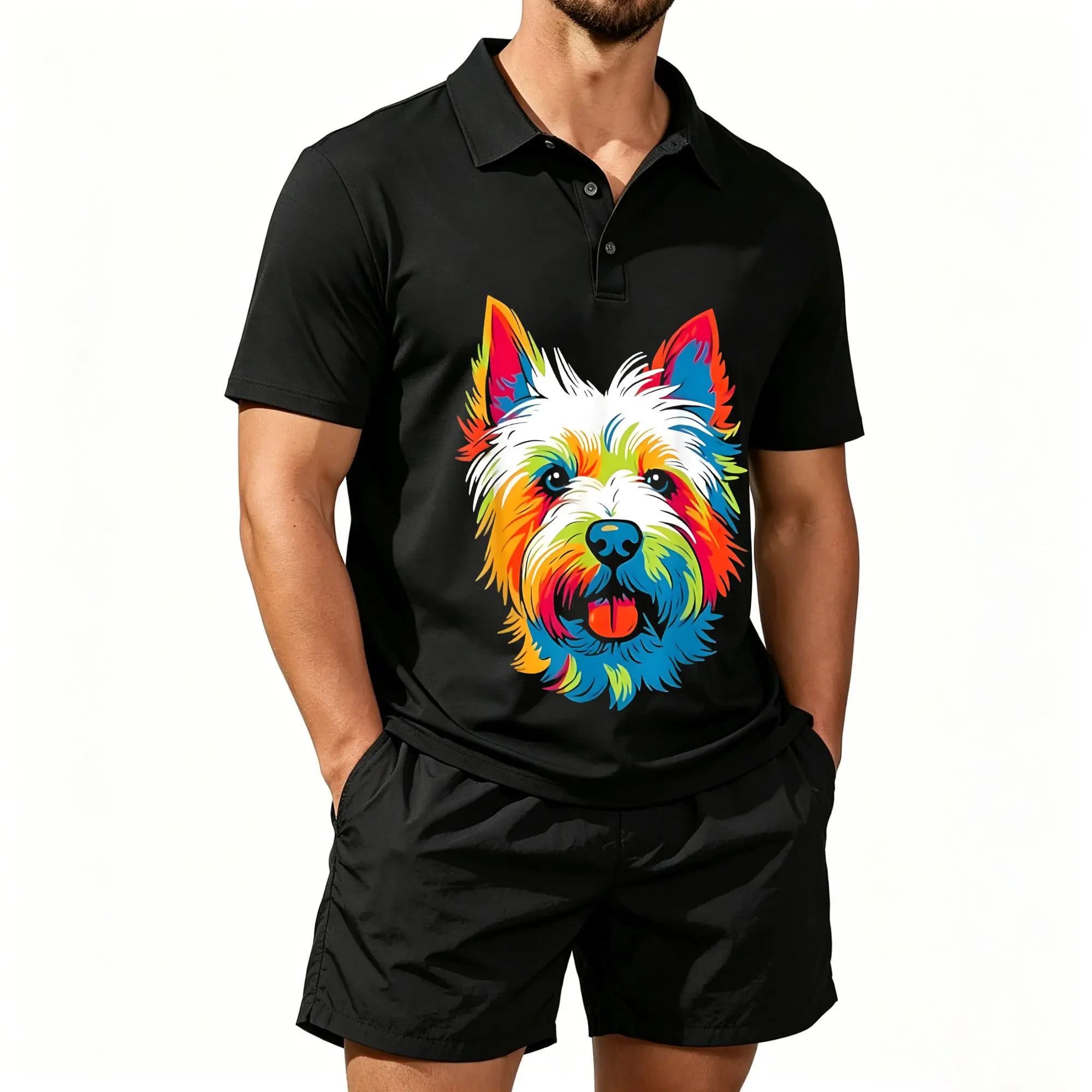 Men's Polo Shirt and Beach Shorts Set, Colorful West Highland White Terrier Puppy Design, Casual and Comfortable Fit
