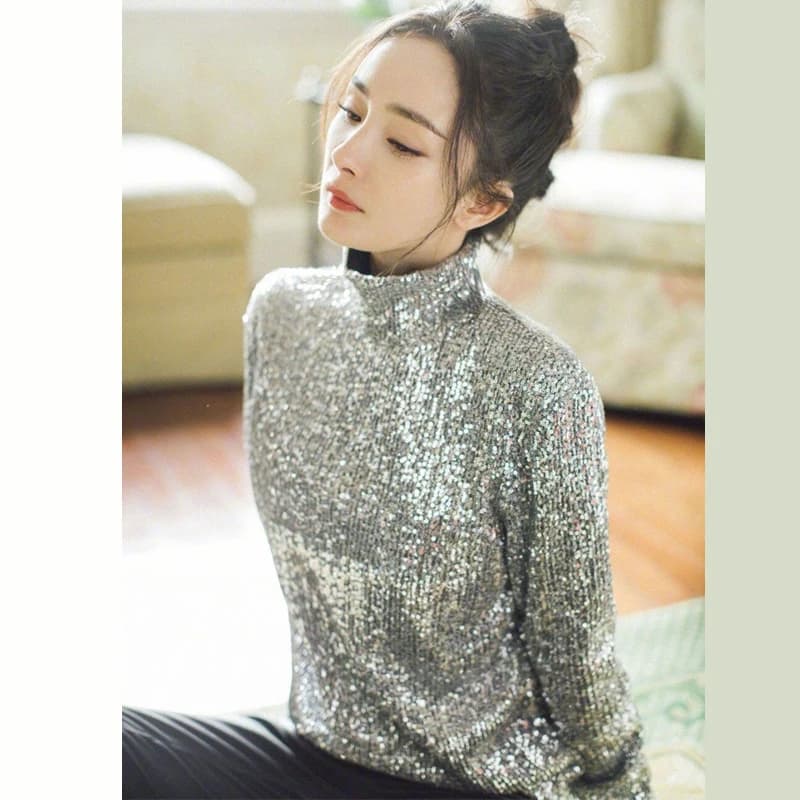 Dai Yang Thin Long Sleeve Hoodie Fashionable Sequin Shirt Women's Slim Fit Innerwear Outerwear Base Shirt Street Style Knitwear