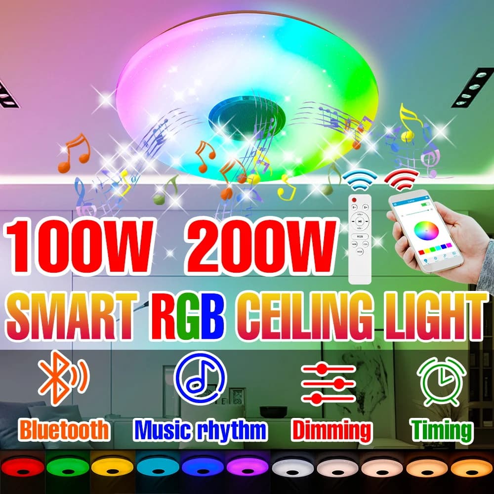 Lampadario LED Smart RGB da 200W Dimmerabile con Altoparlanti, Lampada Musicale, Connessione Bluetooth e Controllo Remoto tramite APP (AC100-240V)