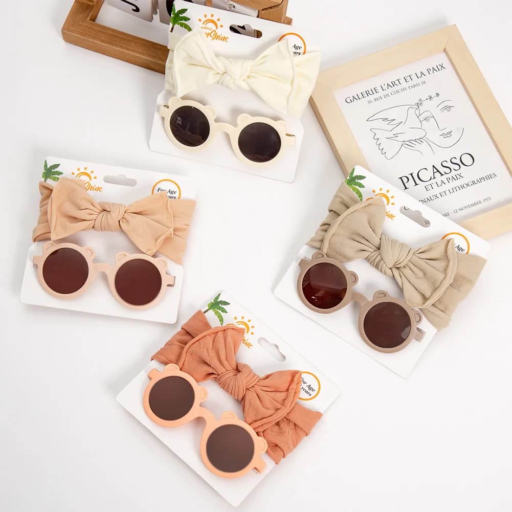 2 pz/set Bear Baby occhiali da sole fasce con fiocco in Nylon elastico alto colore montatura rotonda occhiali polarizzati per la protezione solare occhiali per bambini