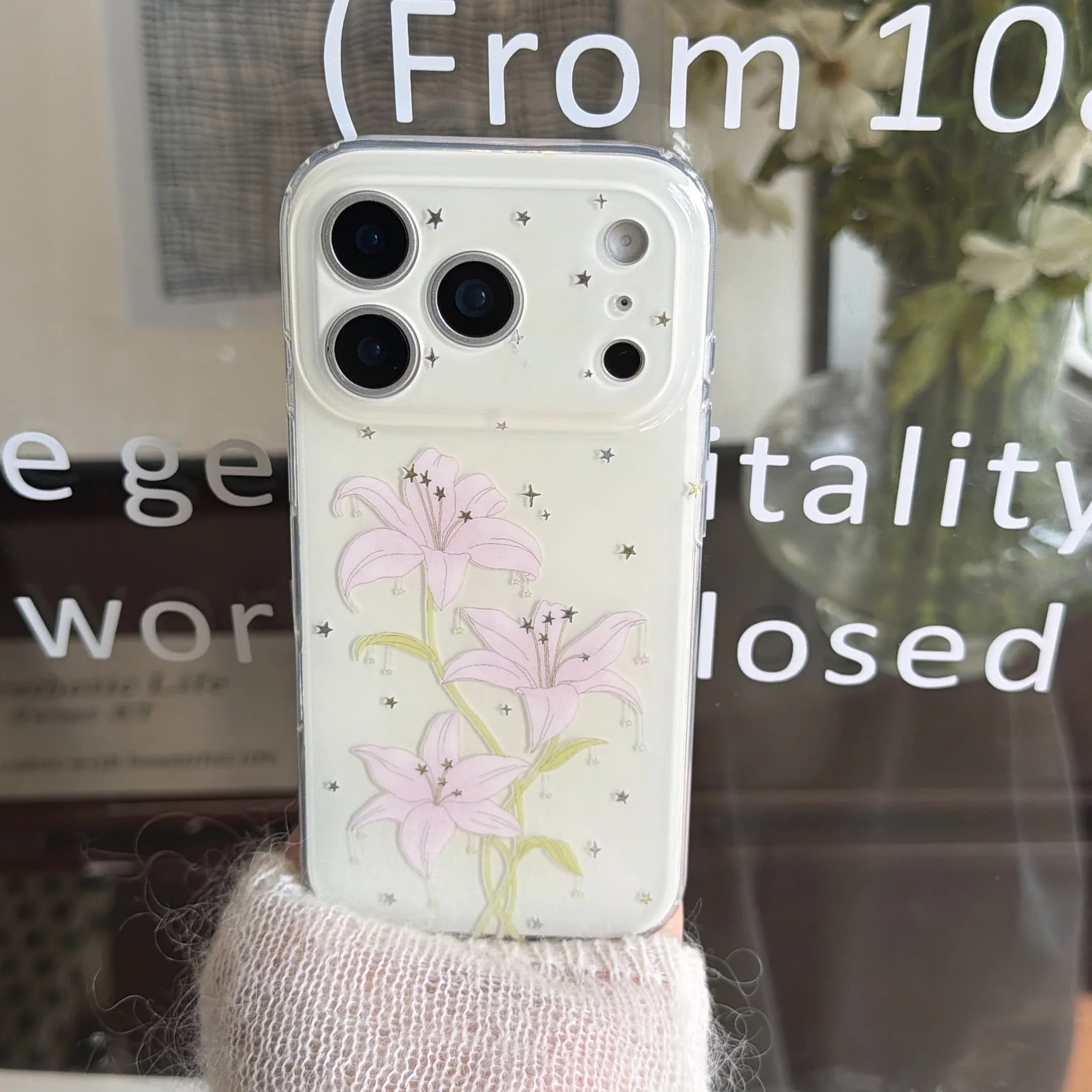 Spring Fresh Pink Lily Flower Gold Star Pattern White Glossy Protective Phone Case Cover Case For iPhone 17 16 15 14 Pro Max