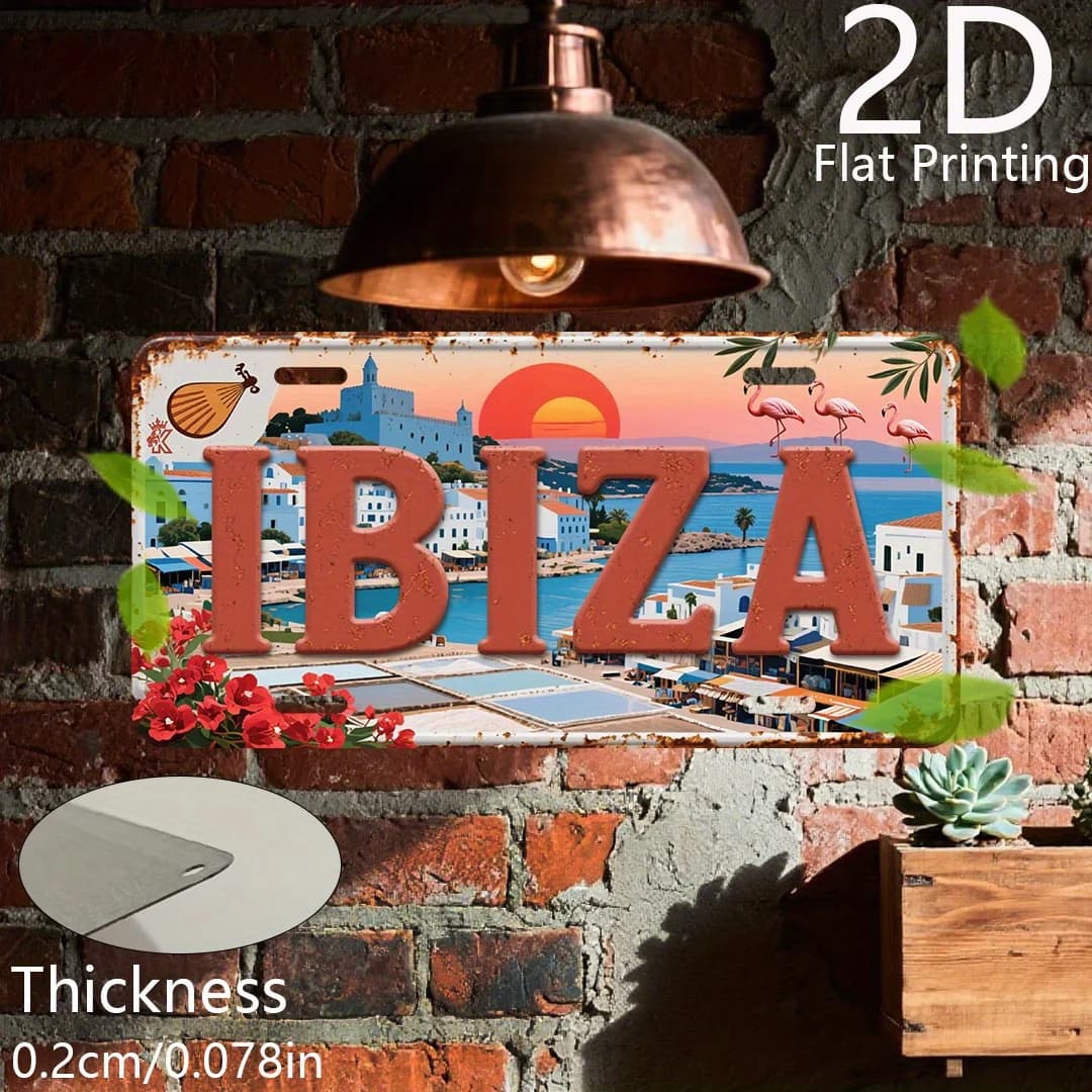 Vintage Mediterranean "IBIZA" Spain Coastal Scenery Flamingo Sunset License Plate 2D Flat Aluminum Tin Sign Wall Art Decor for B