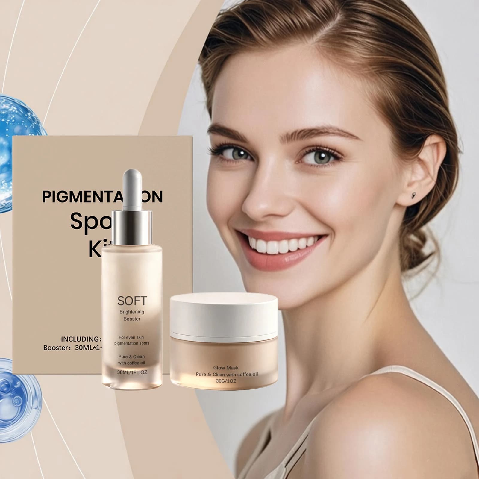 Set Viso Schiarente per Rimuovere le Macchie Scure, Delicato ​ Set Essenza Correttiva Booster Glow Mask per Ridurre Lentiggini, Melanina, Melasma e Rughe Sottili