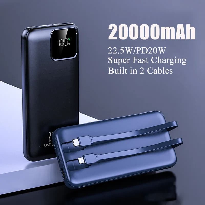 Caricatore portatile Power Bank da 20000 mAh Batteria esterna integrata in 2 cavi Powerbank a ricarica rapida da 22,5 W per iPhone Xiaomi Samsung