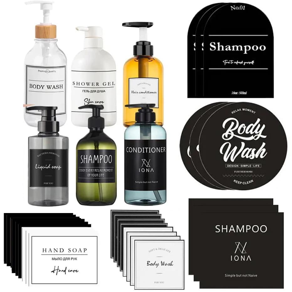 Dispenser impermeabile Etichette per bottiglie Shampoo Balsamo Lavaggio a mano Adesivi per bottiglie doccia Dispenser rimovibile per decorazioni per il bagno