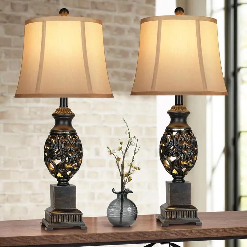 Set di 2 lampade da comodino, lampade da comodino rustiche alte 28 pollici con paralumi in lino per soggiorno e camera da letto, finitura nera