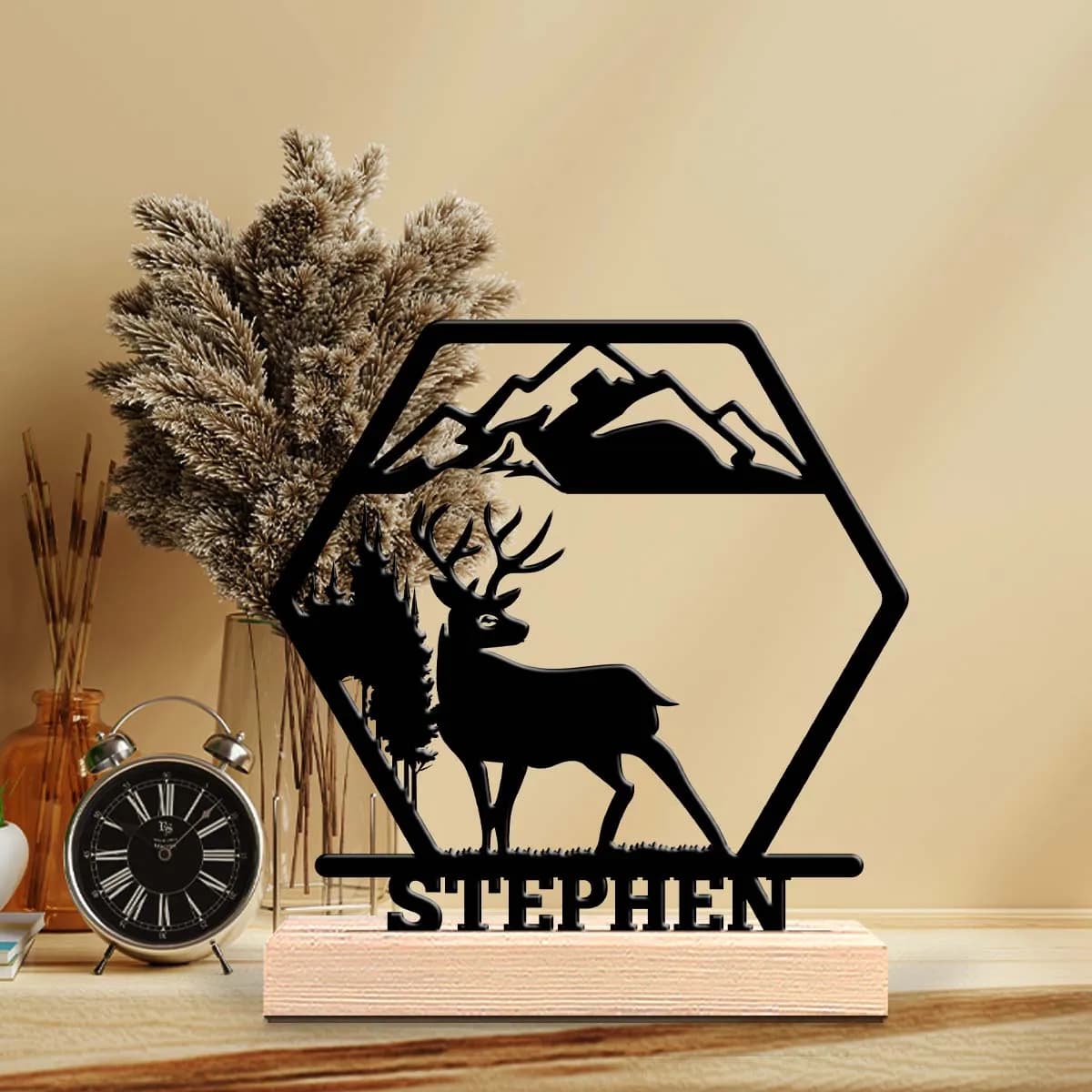 1pc Customized Metal Handicraft Ornaments Custom Name Equipped with A Wooden Base Housewarming Gift,Metal Ornament Decoration