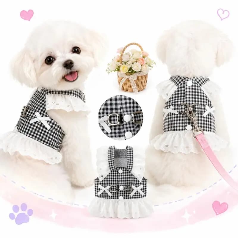 Dog Harness Dress for Small Dogs Lace Plaid Puppy Harness Vest Adjustable Walking Outfit Cute Pet For Breed Chihuahua Clothe