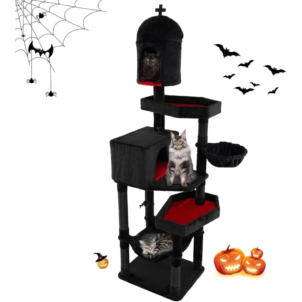 Albero per gatti gotico Tangkula, torre per gatti alta 83 pollici con tiragraffi coperti in sisal, 2 letti per bara, 2 condotti per gatti, amaca, crogiolarsi