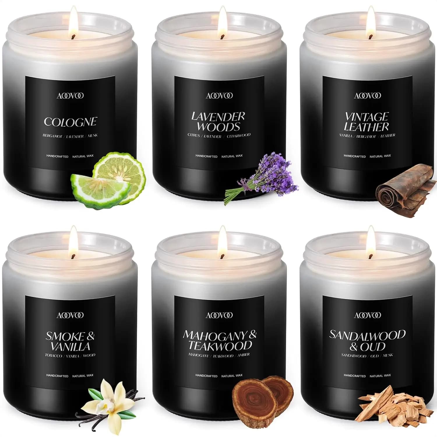 Set di 6 Candele Profumate da Uomo, 42 oz in Cera di Soia, Durata 300 Ore, Perfette per Regali di Compleanno, San Valentino, Natale