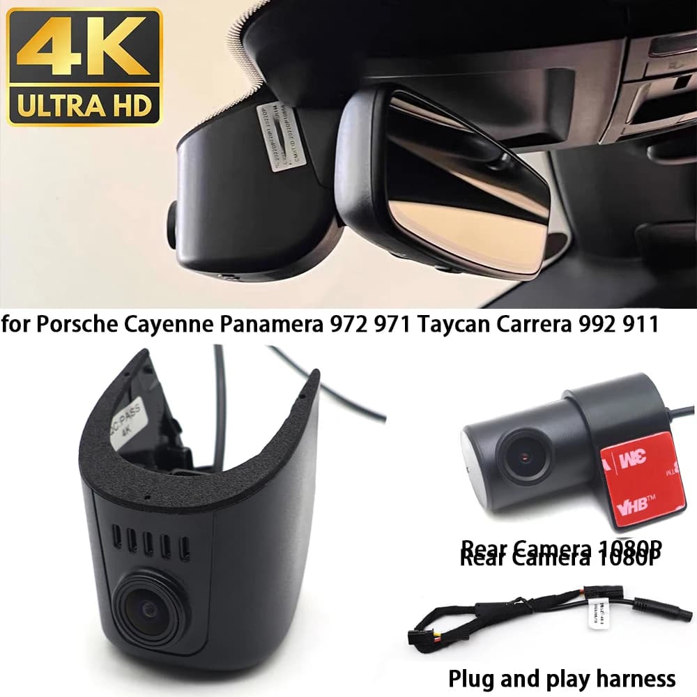 For Porsche Cayenne Panamera 972 971 Taycan Carrera 992 911 4K Dash Cam Front Camera Rear DVR Plug and Play Video Converter Wifi
