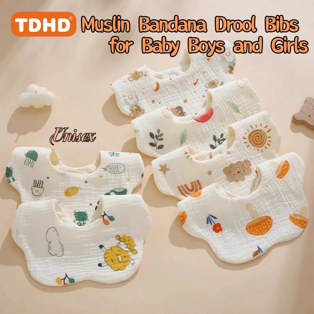 TDHD BABY Bavaglini in mussola per ragazzi e ragazze, confezione da 1, bavaglini regolabili per sbavare e dentizione, bavaglini bandana per bambini in morbido cotone