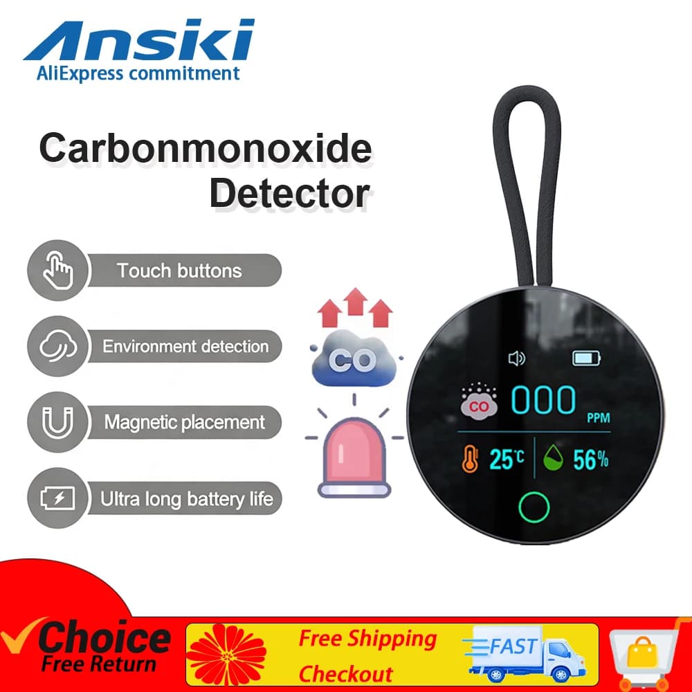 ANSIKI K5S Portable Carbon Monoxide Detector 3-in-1 CO Monitor with Temp & Humidity Sensor for Hotel Travel Camping Car RV&Home