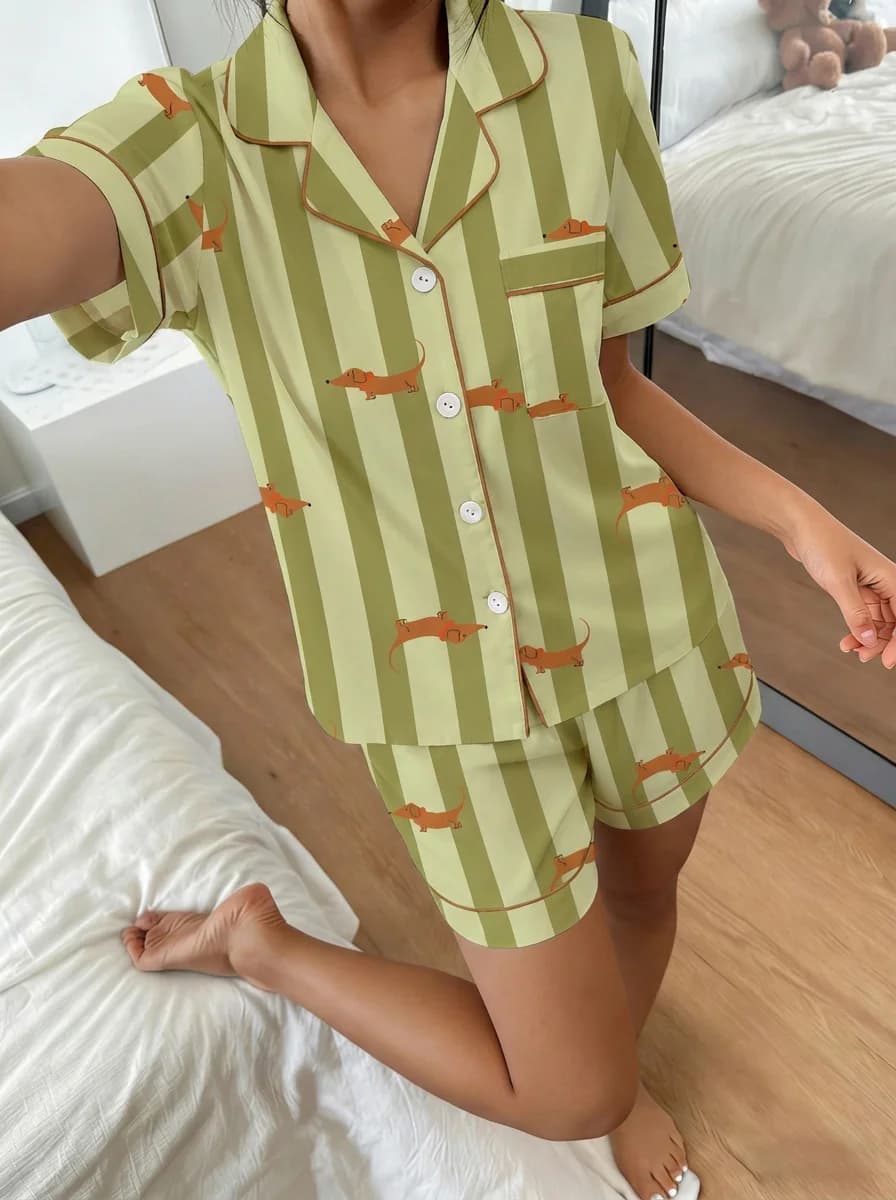 Women Pajamas Cardigan Lapel Short Sleeve Shorts Two Piece Set Loungewear Spring Summer Cute Dachshund Print Loose Comfortable C