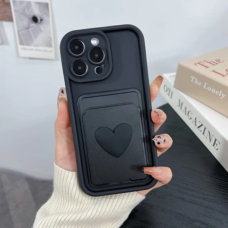 3D Love Heart Card Bag Slot Holder Pocket Case For iPhone 16 15 14 13 12 11 17 Pro Max XS X 7 8 Plus Shockproof Silicone Cover