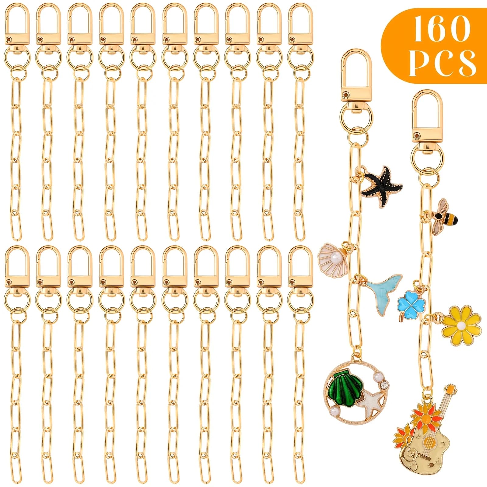 Kit per la creazione di portachiavi da 160 pezzi: clip in metallo, anelli portachiavi, moschettoni girevoli, fermagli a moschettone e catene di prolunga, forniture artigianali fai-da-te dorate