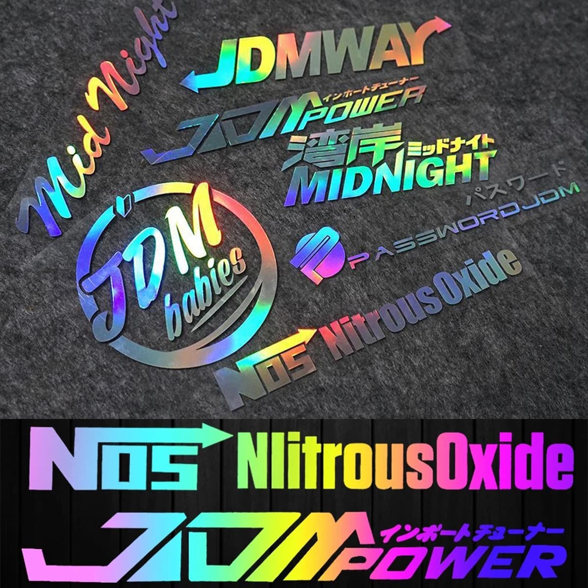 JDM Laser Arcobaleno JDM Midnight Adesivo per auto Moto Auto Corpo Parabrezza Finestra Baule posteriore Casco Accessori decorativi Decalcomania