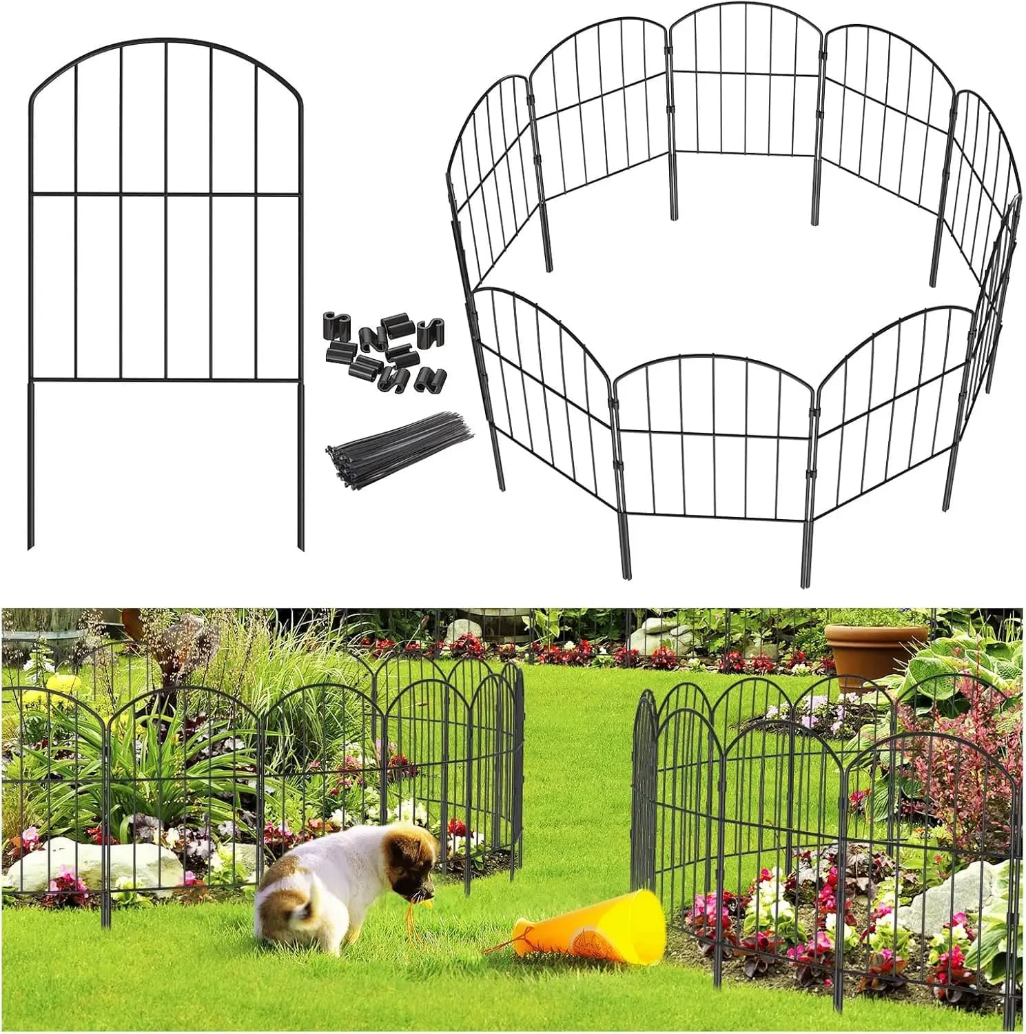 Pannelli per recinzione da giardino in metallo antiruggine da 27 piedi x 24 pollici, barriera anti-animale senza scavo per cani e aiuole