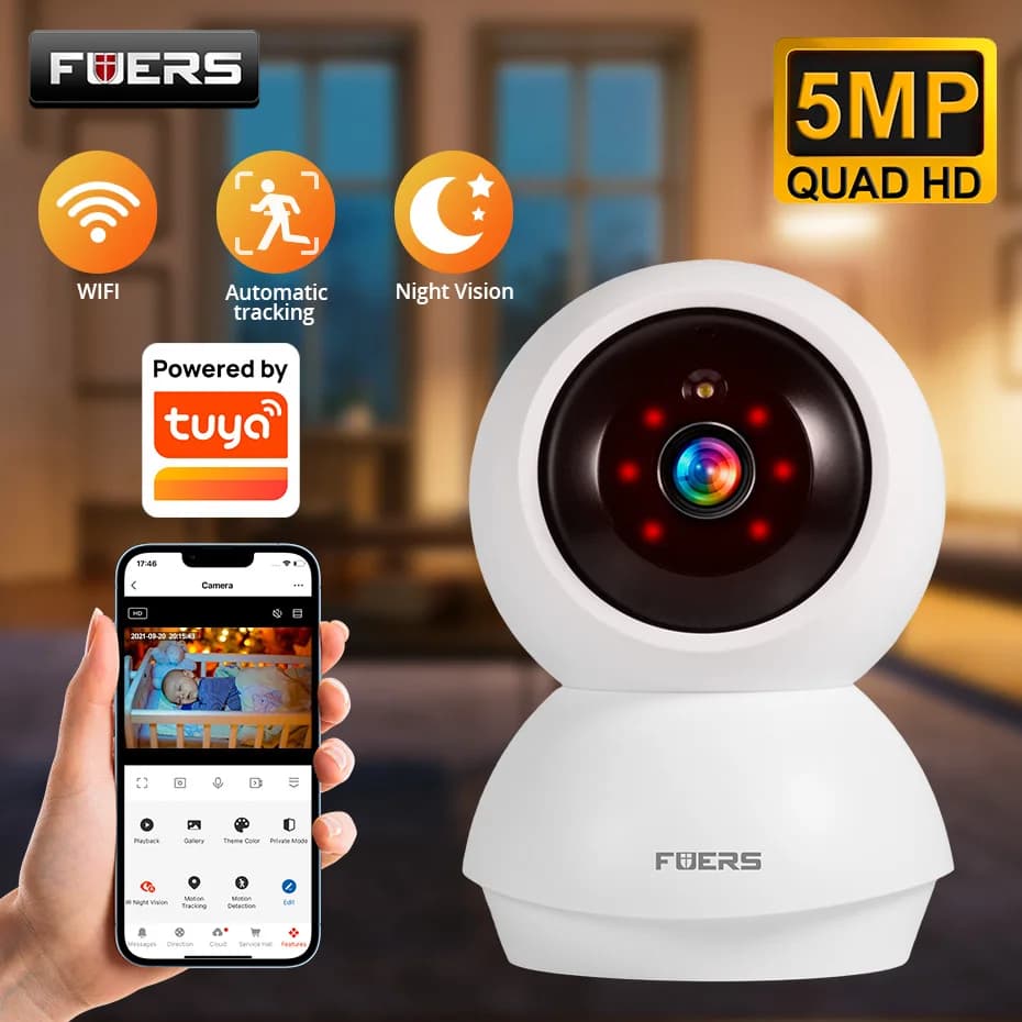 Telecamera WiFi Fuers 5MP per Interni, Telecamera IP Wireless con Rilevamento AI, Compatibile con App Tuya Smart Life, Monitor di Sicurezza per Bambini