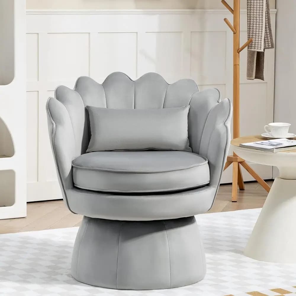 360 ° Poltrona Girevole Accent, Poltrona a Botte in Velluto Stile Century, Poltrona Comoda a Forma di Conchiglia con Cuscino Lombare per Soggiorno, Camera da Letto